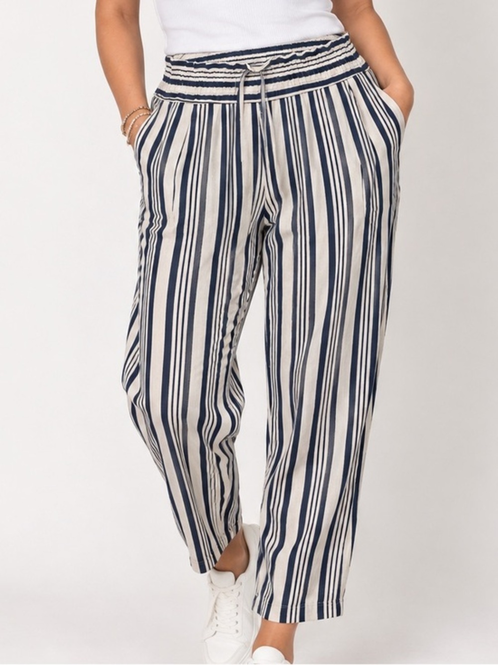 trf Drawstring Lounge Palazzo Pants - Navy & White